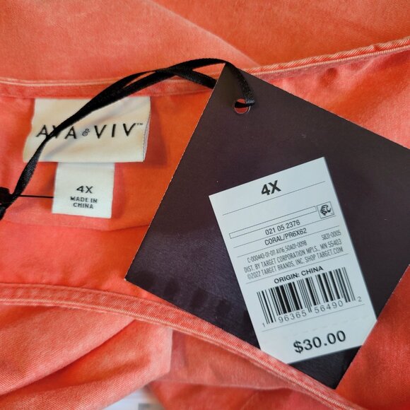 NEW Ava & Viv 4X Plus Coral Pullover Blouse puff Sleeve flowy Cotton NWT - Picture 9 of 9
